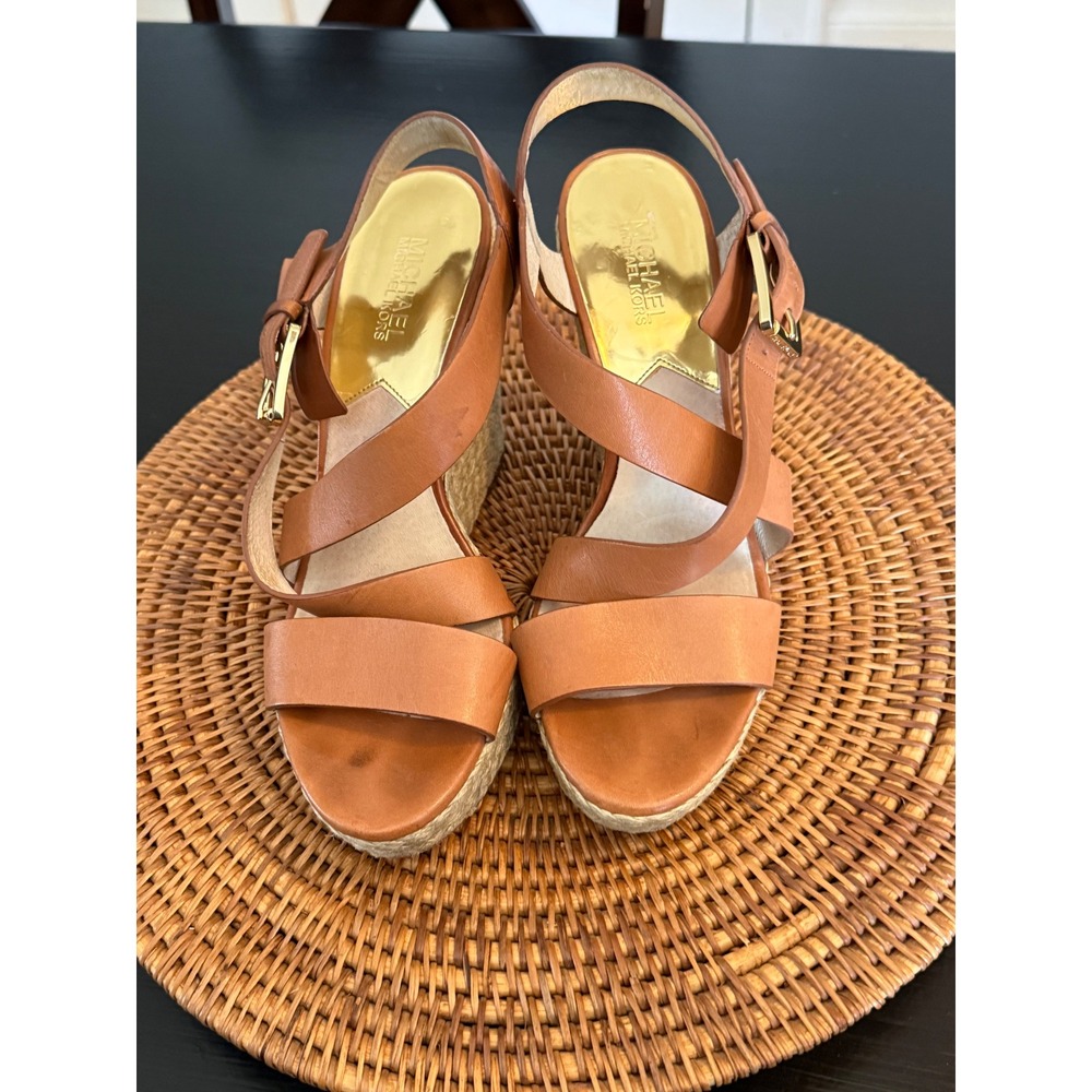 Michael Michael Kors Tan Leather Espadrille Wedge Sandals Gold Buckle Platform